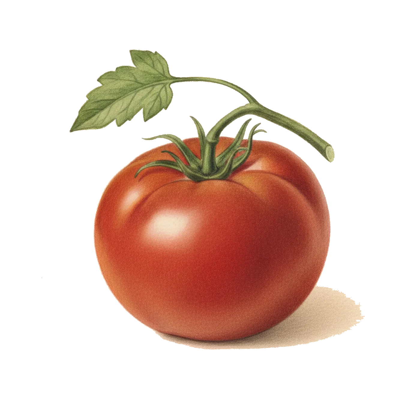A botanical plate illustration of a single ripe red heirloom tomato on the vine